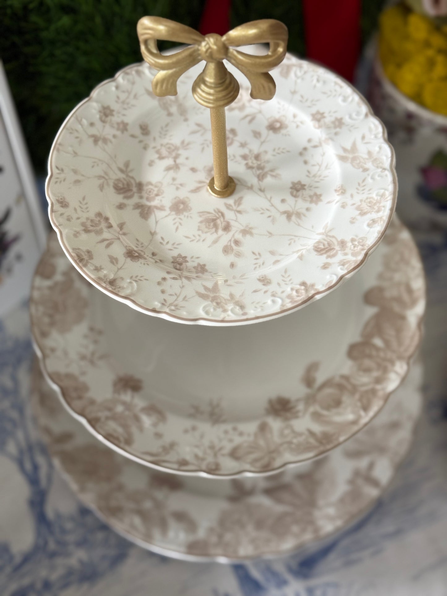 LoveShackFancy Neutral Three Tiered Serving Stand- Perfect for Fall! (Small Flowers)