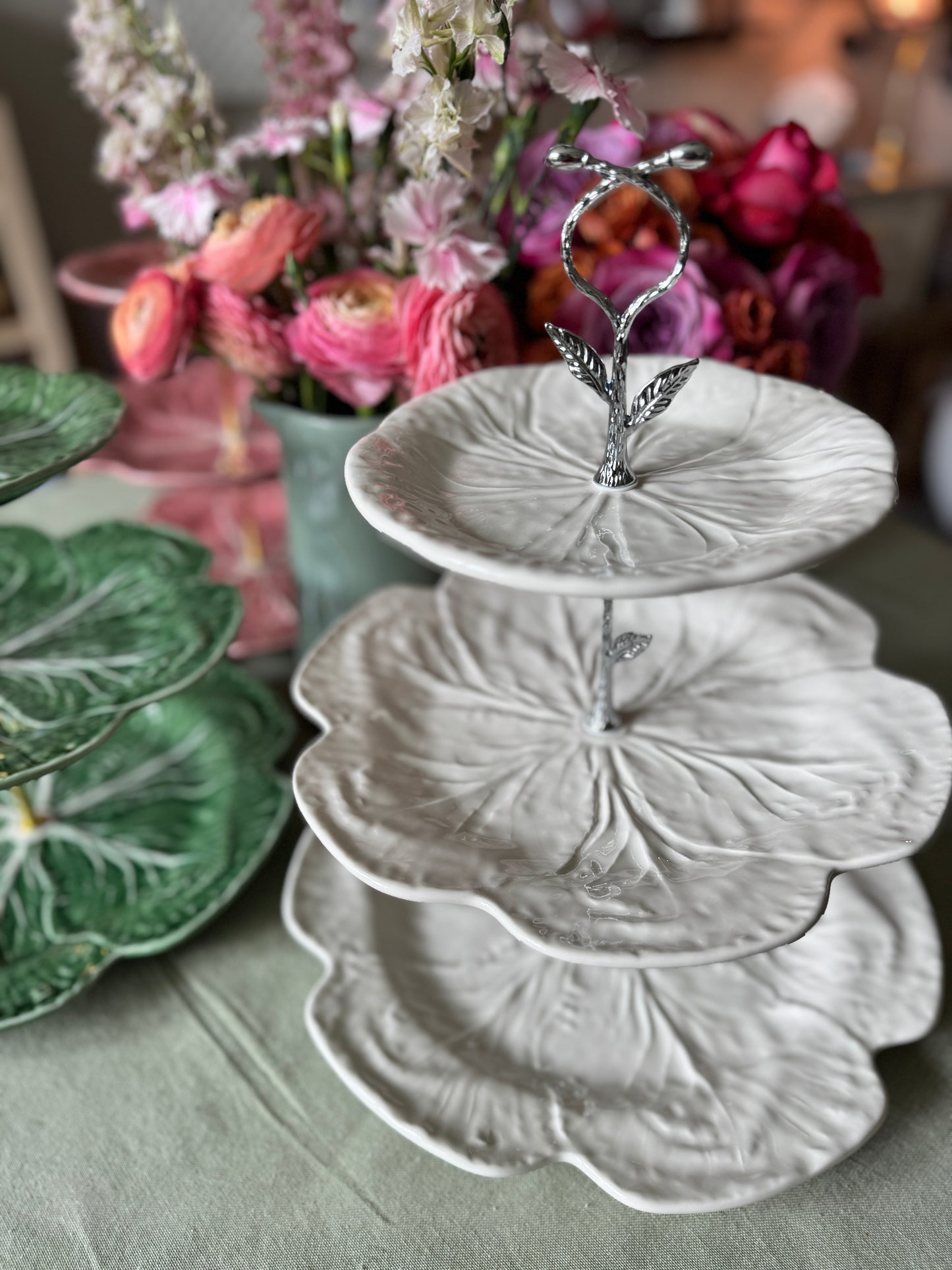 Bordallo Beige Cabbage Three Tiered Stand with Charger Base | Authorized Bordallo Retailer