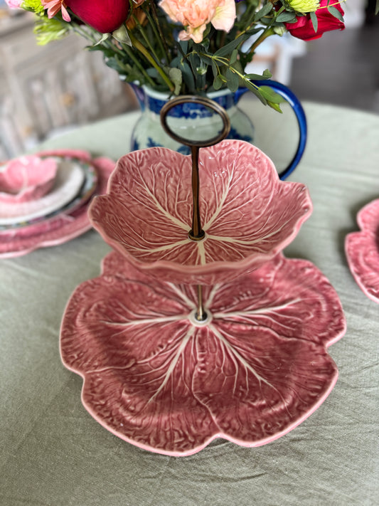 Pink Bordallo Pinheiro Cabbage 2-Tier Stand – 12 Inch Base Plate | Exclusive to Tiers of Joy