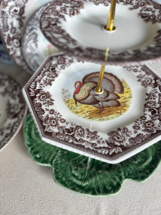 Spode Woodland Turkey 3-Tier Serving Stand with Bordallo Pinheiro Cabbage Charger – Handcrafted Holiday Dessert & Appetizer Stand