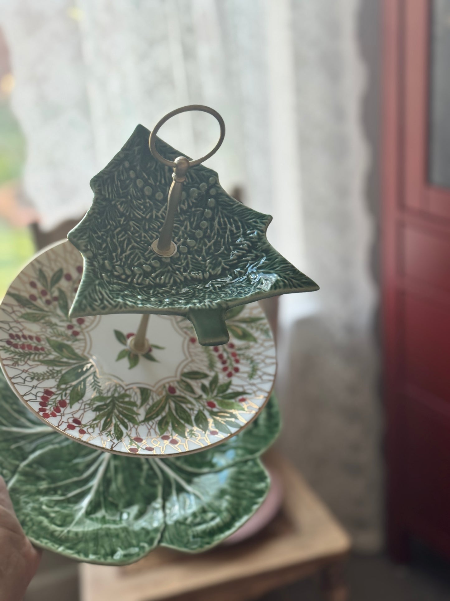 Bordallo Christmas Tree Three Tiered Stand-Dinner Size Cabbage Base