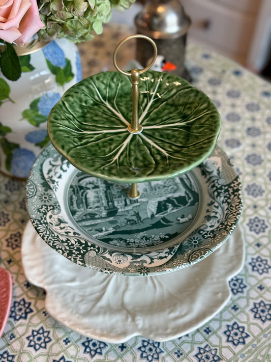 Spode Green Italian and Bordallo Cabbage Three Tiered Stand (12 inch base)