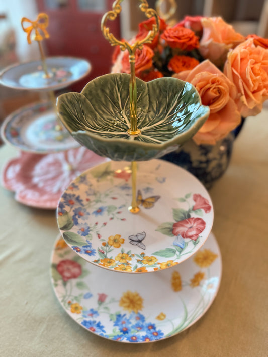 Handcrafted Pfaltzgraff Anabelle Floral & Bordallo Cabbage Tiered Stand – 3-Tier Dessert and Serving Tray