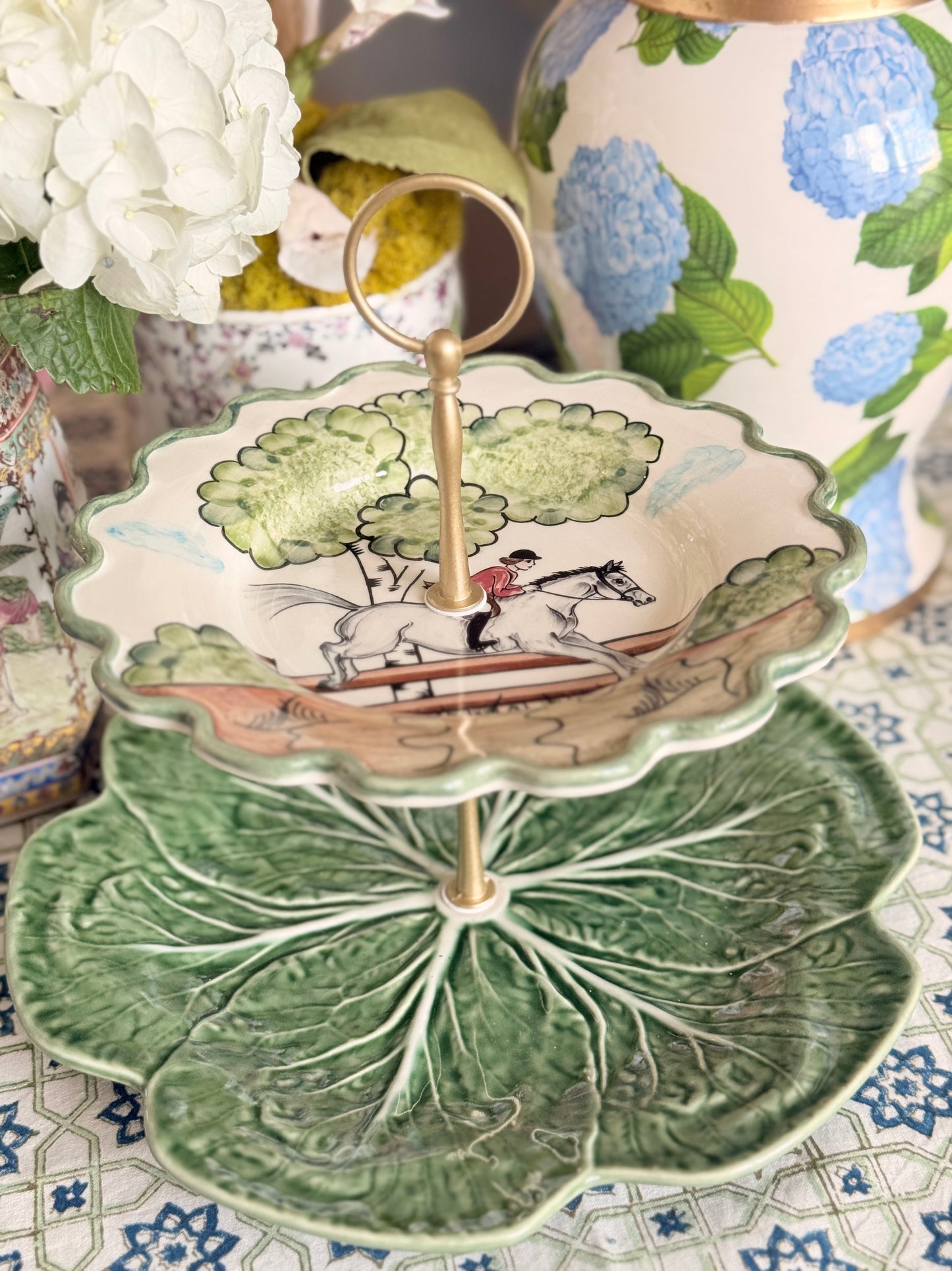 C.E. Corey Perfect Day & Bordallo Cabbage Tiered Stand | Green Equestrian Serving Stand
