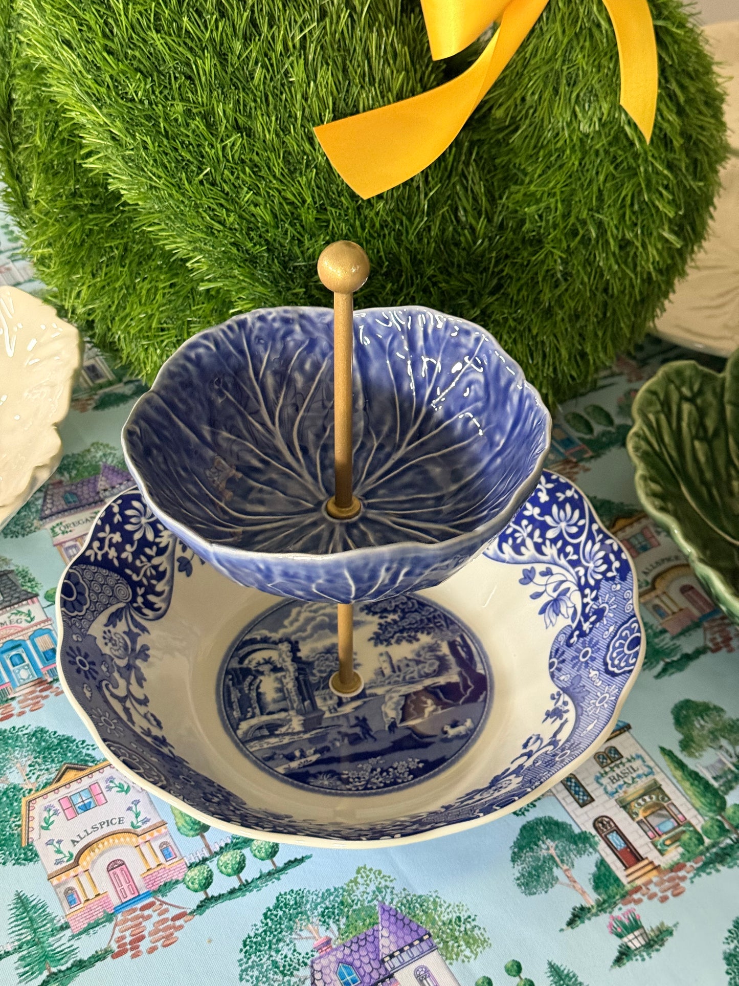 Spode Blue Italian and Blue Cabbage Bowl Tiered Stand