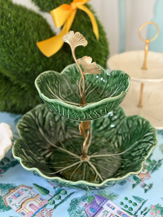 Bordallo Pinheiro Cabbage Two Tiered Stand – Green Bowl Set