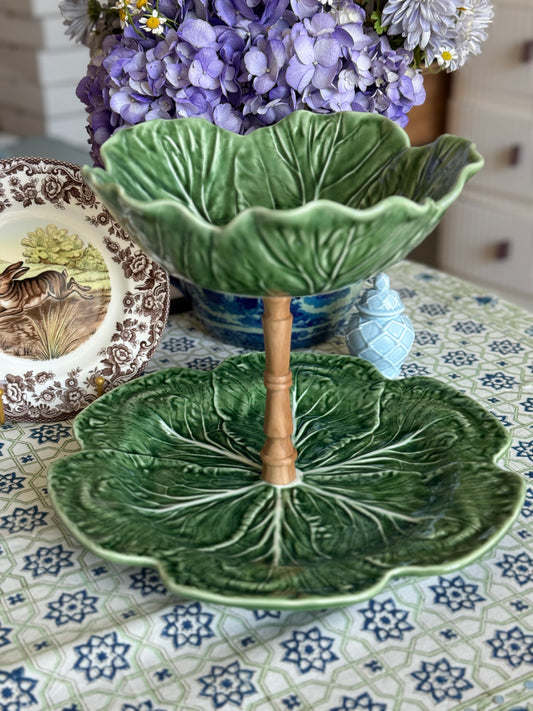 Bordallo Pinheiro Cabbageware Tiered Stand (9.5 inch top and 12 inch base)