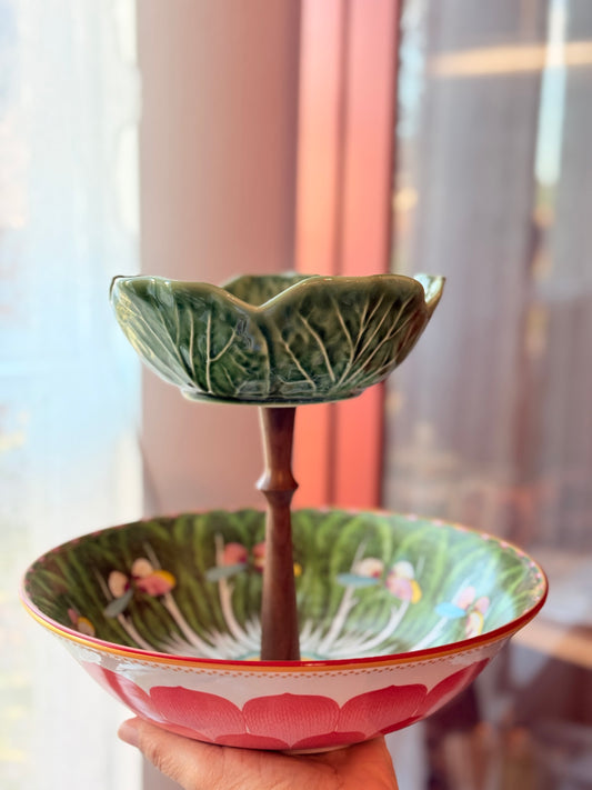 Green Bok Choy & Bordallo Cabbage Tiered Stand with Handcrafted Wooden Hardware