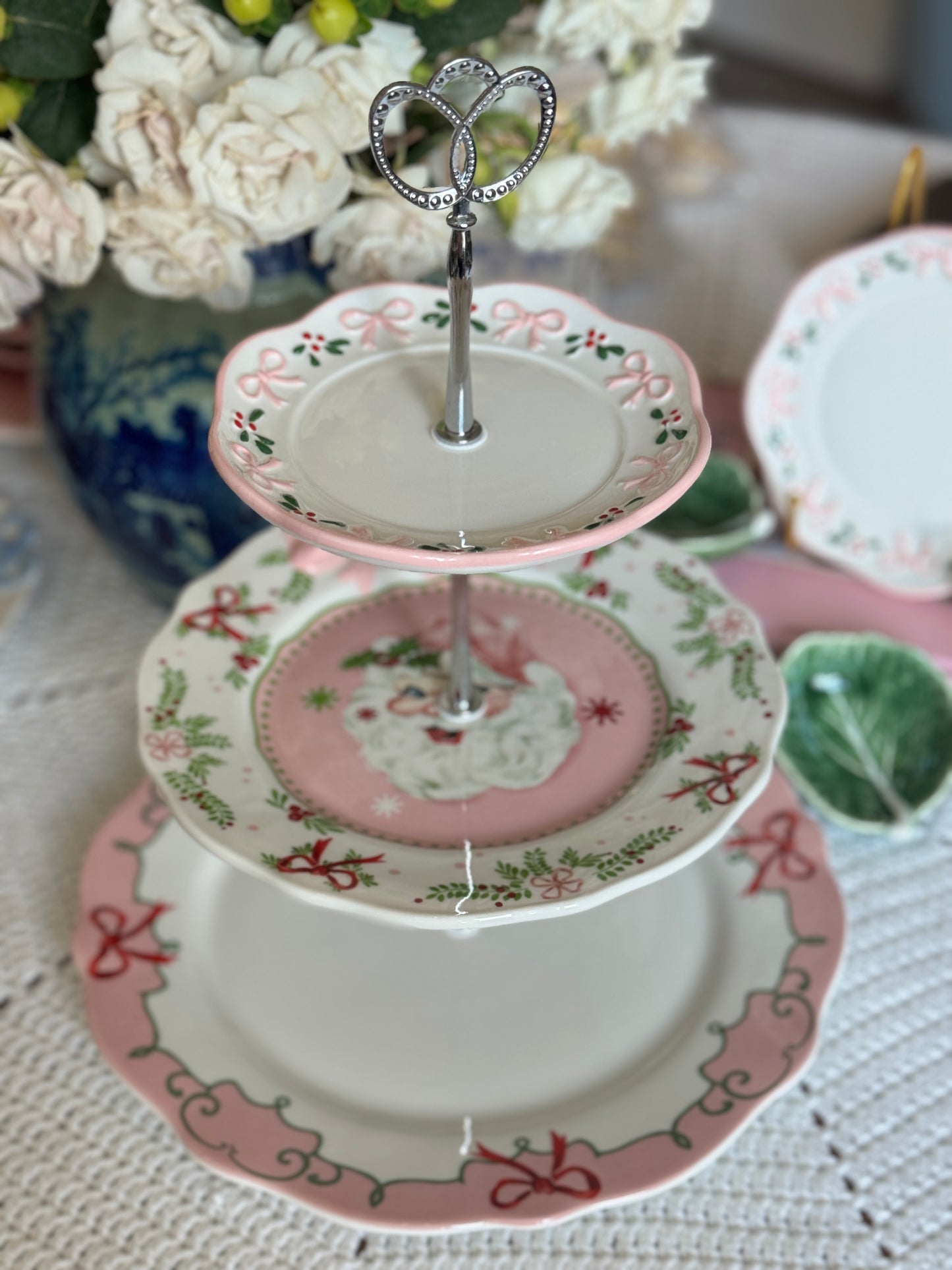 Sweet Christmas Pink Santa Three Tiered Stand