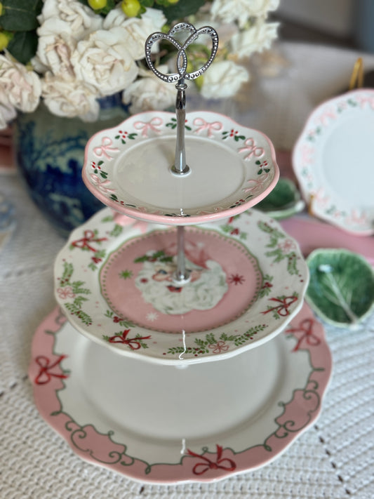 Sweet Christmas Pink Santa Three Tiered Stand