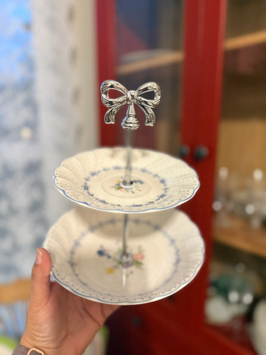 Nikko Blue Peony Two-Tiered Bowl Stand | Vintage Blue Floral Tiered Tray