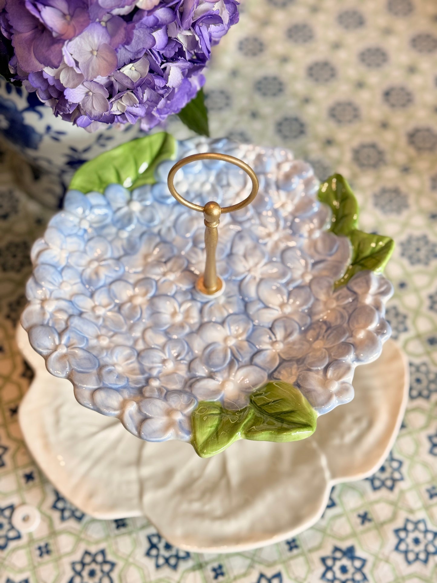 Bordallo Beige Cabbage and Hydrangea Two Tiered Stand | Blue Floral Serving Stand