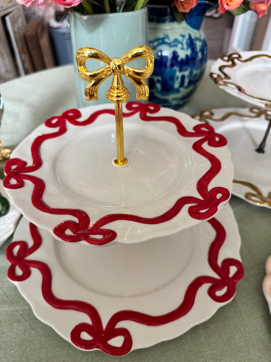 Anthropologie Benedita Bow Red Two Tiered Stand – Holiday Dessert & Serving Tray