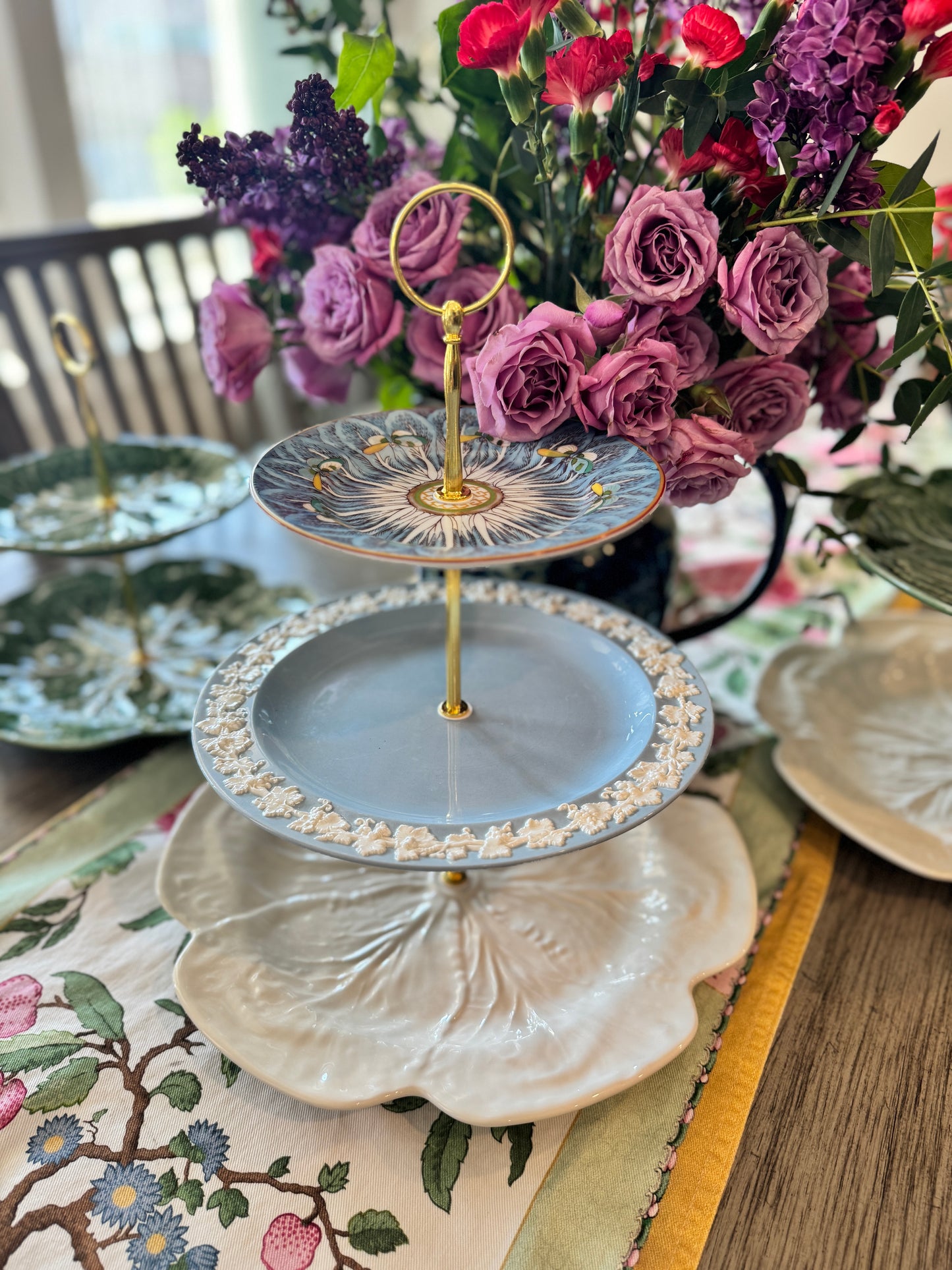 Blue Bok Choy, Wedgwood and Bordallo Beige Cabbage Three Tiered Stand (12 inch base)
