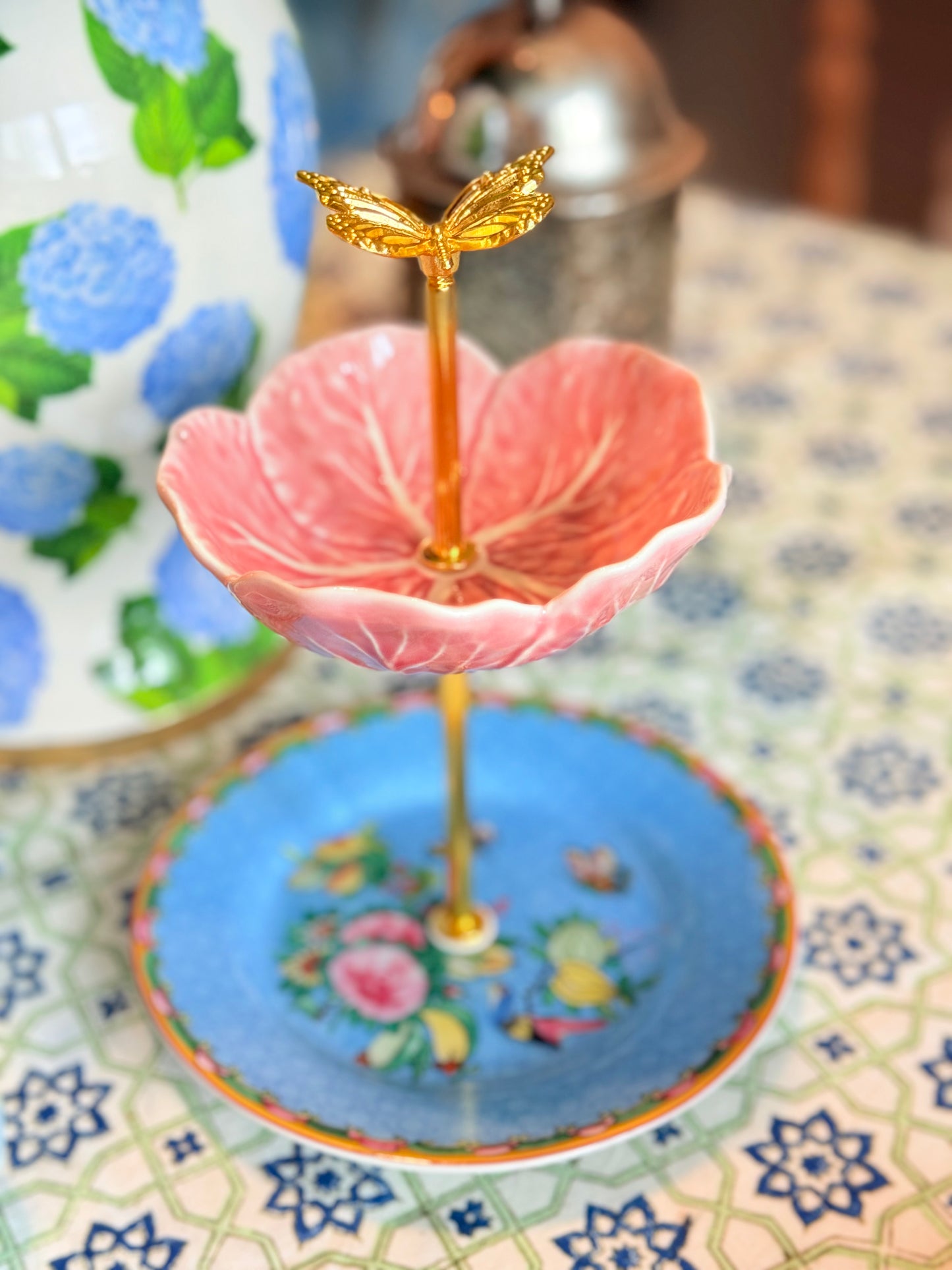 Pink Bordallo Cabbage and Famille Rose Petite Tiered Stand
