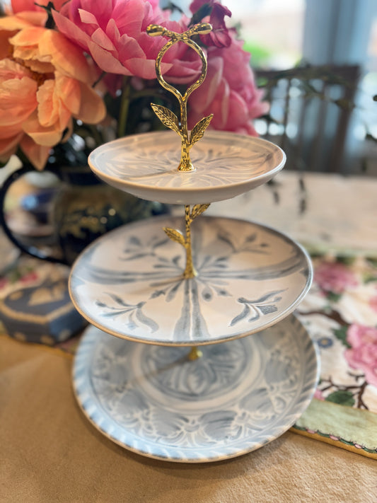 Chambray Tile Tiered Stand – Elegant Blue and White Ceramic Three-Tier Serving Tray