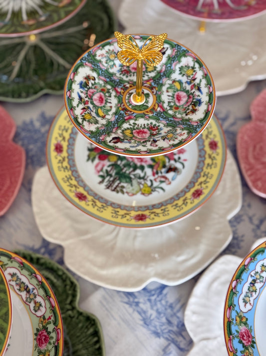 Famille Rose (Yellow Accent) and Beige Bordallo Pinheiro Three Tiered Stand