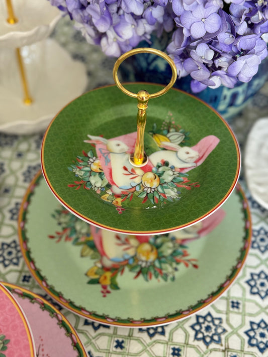 Famille Rose Bunny Two-Tiered Stand – 9” Base Plate – Pink Floral Easter Tiered Serving Stand (Green)