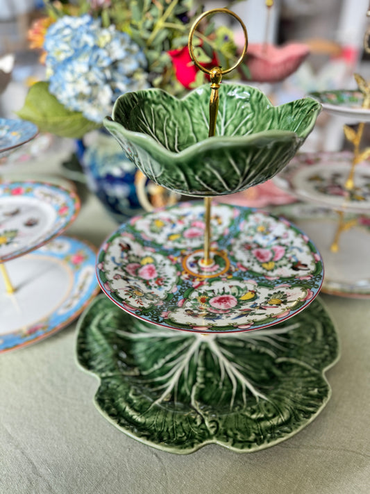 Bordallo Pinheiro Cabbage Three Tiered Serving Tray with Famille Rose accent plate