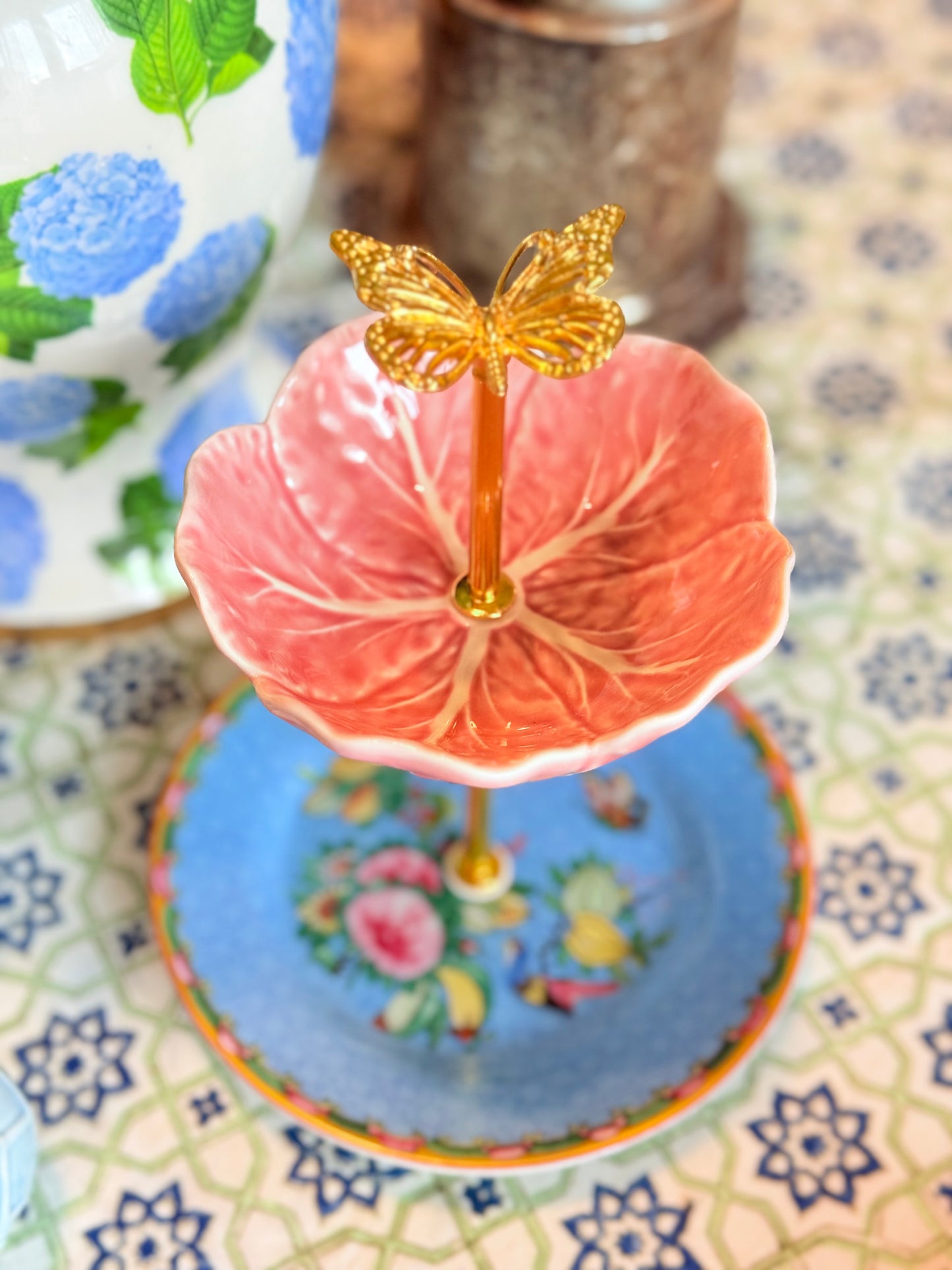 Pink Bordallo Cabbage and Famille Rose Petite Tiered Stand