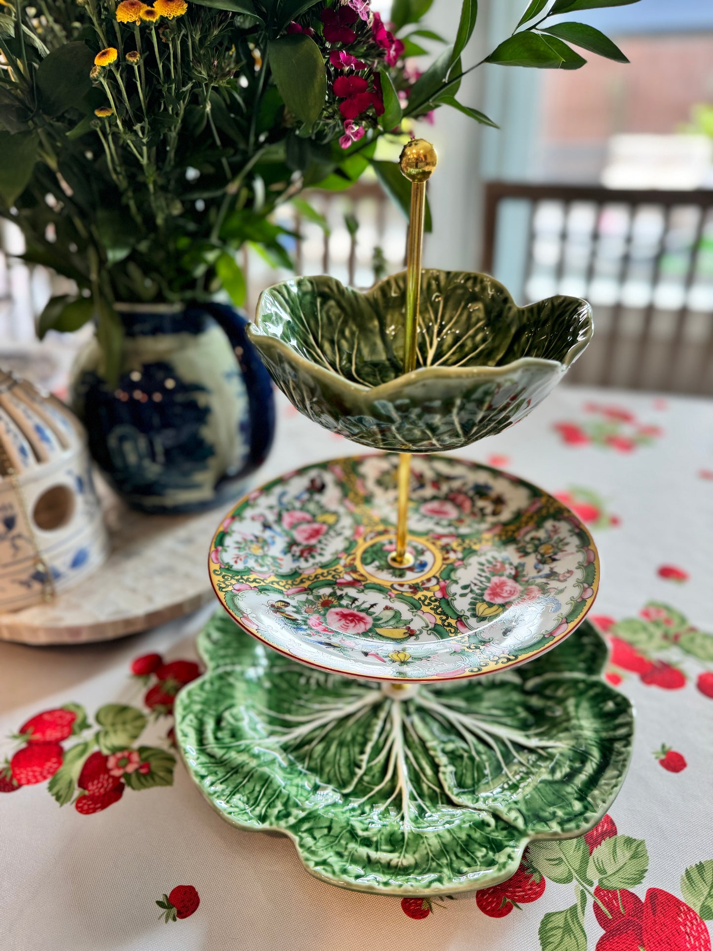 Oversize Bordallo Cabbageware and Famille Rose Three-Tier Stand – Charger Base with Cereal Bowl Top