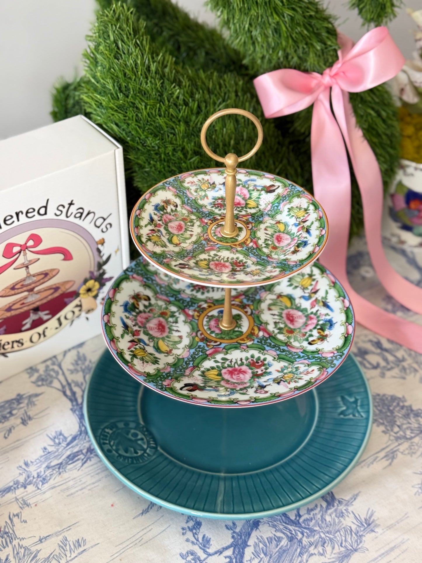 Famille Rose and Bordallo Pinheiro Aqua Green Three Tiered Stand