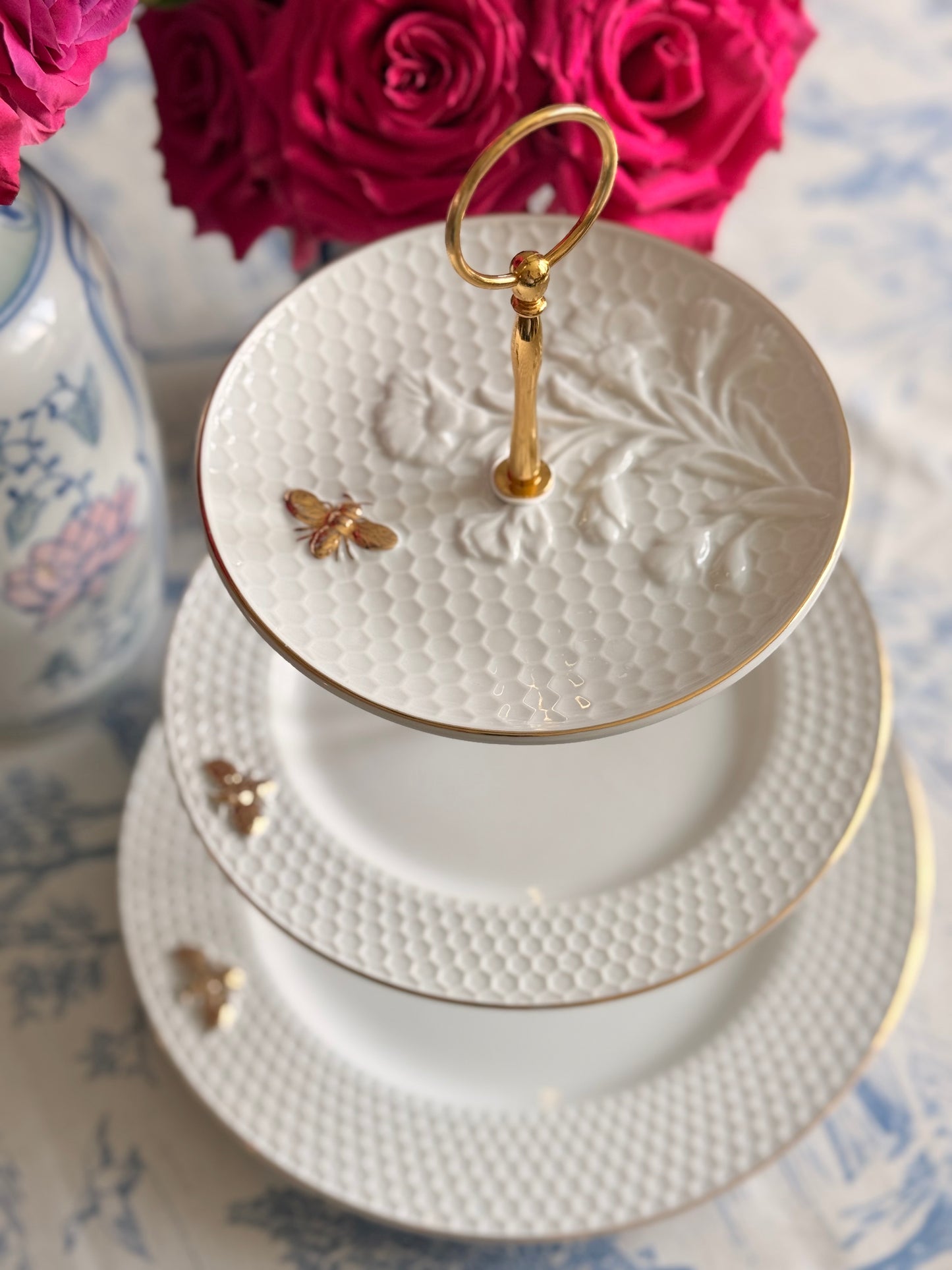 White Honeycomb Bee 3-Tiered Stand with Gold Hardware | Elegant Neutral Dessert Stand for Tea Parties, Bridal Showers & Entertaining