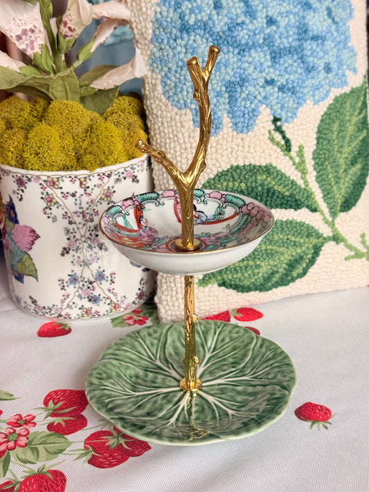 Vintage Rose Medallion and Green Cabbage Petite Tiered Stand