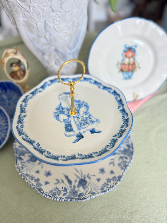 Limited Edition Two-Tiered Stand with Interchangeable Blue & White Santa Plate and Pumpkin Topiary Plate