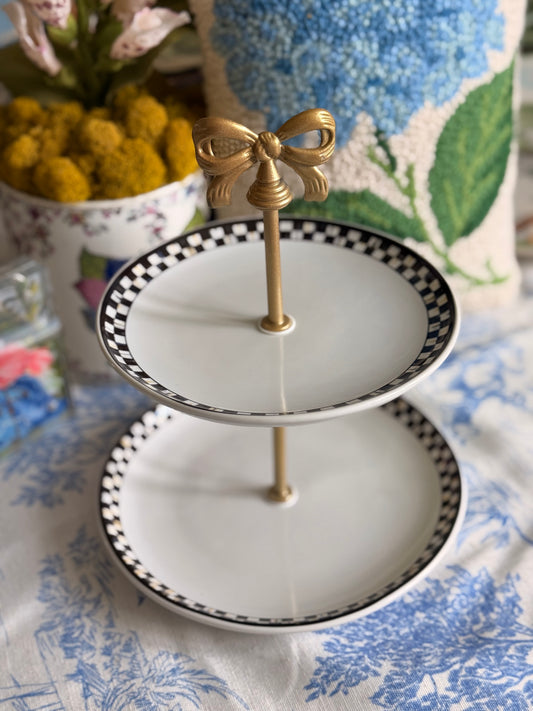 MacKenzie-Childs Courtly Check Petite Tiered Stand– Decorative Serving Tray (8” base)