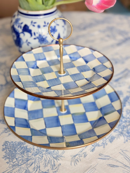 Mackenzie-Childs Blue Check Tiered Stand | Handcrafted with Authentic Plates | Two-Tier Serving Stand for Entertaining