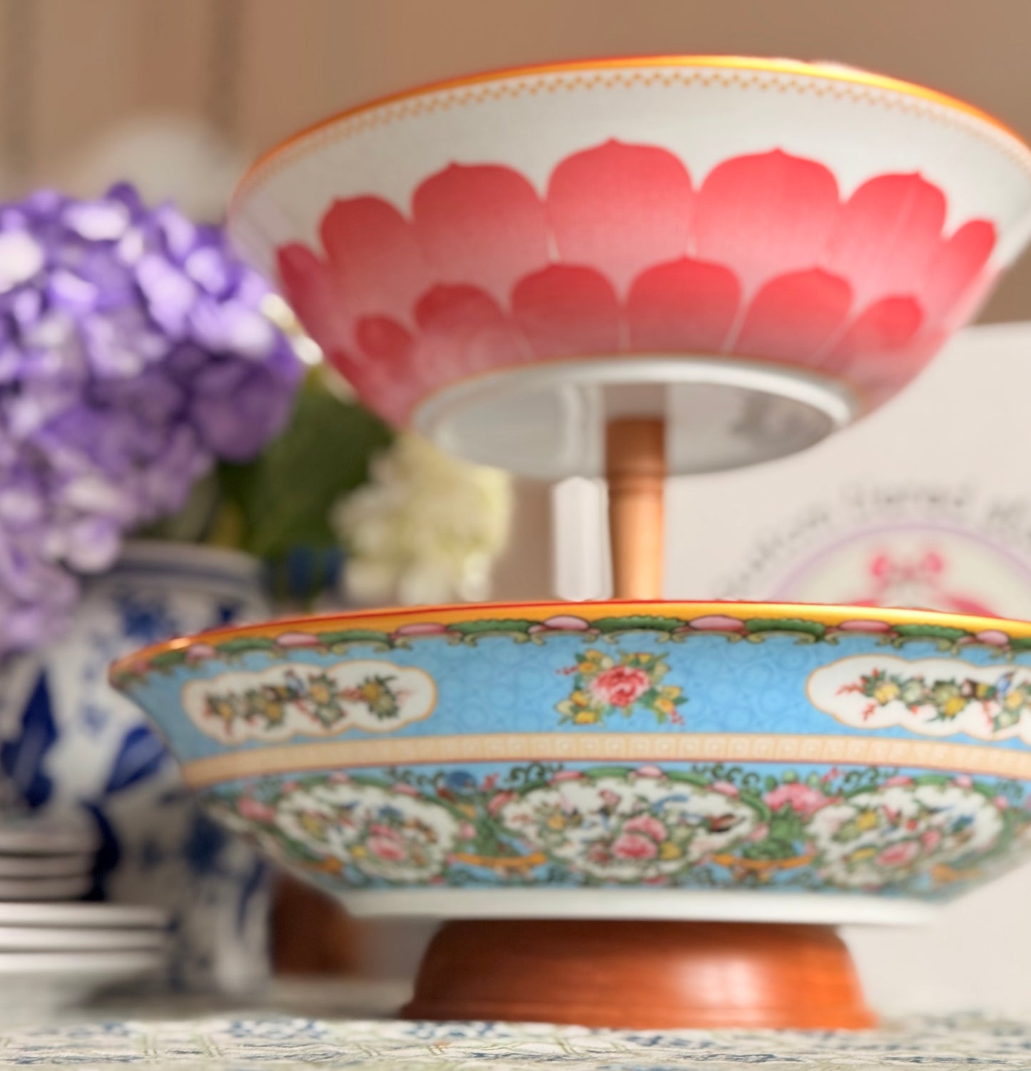 Famille Rose and Bok Choy Bowl Stand- Fruit Stand and Countertop Organizer