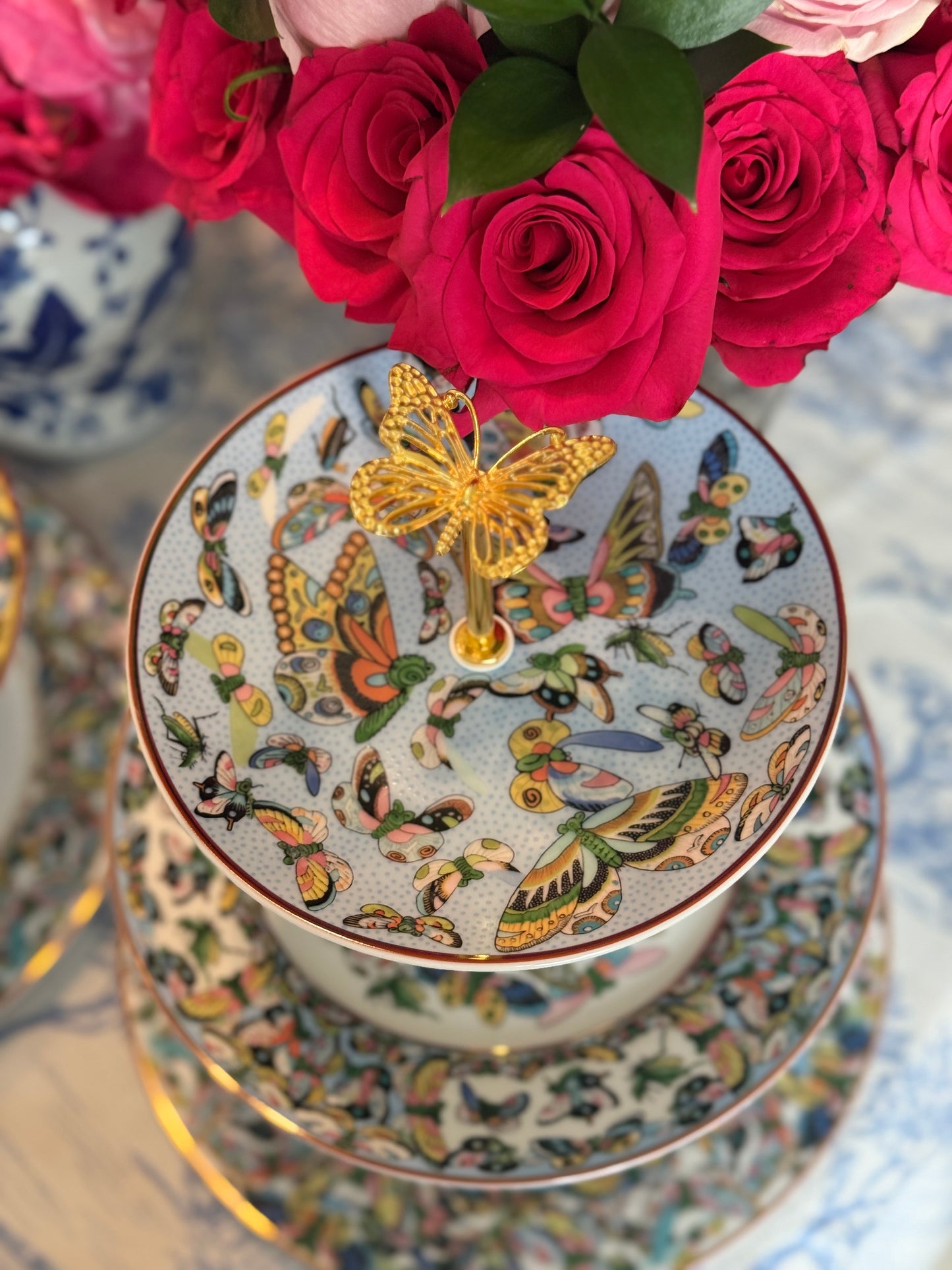 Williams Sonoma Papillon Three-Tiered Stand Inspired by Chinese Export “Thousand Butterflies” Porcelain- Blue