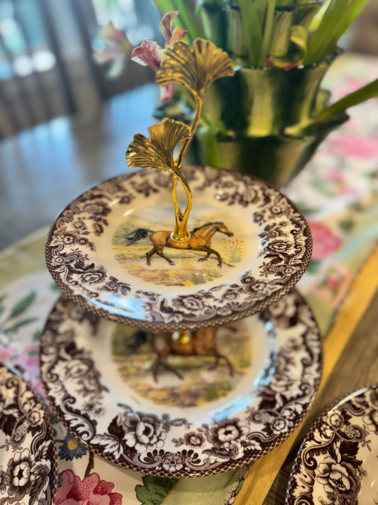 Two-tiered vintage Spode Woodland stand featuring brown floral border and American Quarter Horse design
