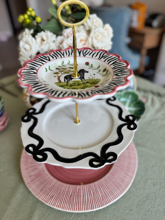 CE Corey Zebra and black bow Three Tiered Stand (13 inch base charger)