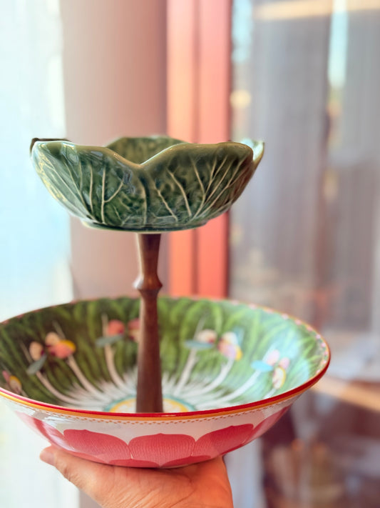 Green Bok Choy & Bordallo Cabbage Tiered Stand with Handcrafted Wooden Hardware