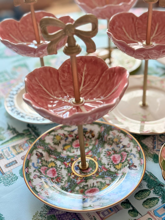 Bordallo Pink Cabbage and Famille Rose Petite Tiered Stand- New Plates!