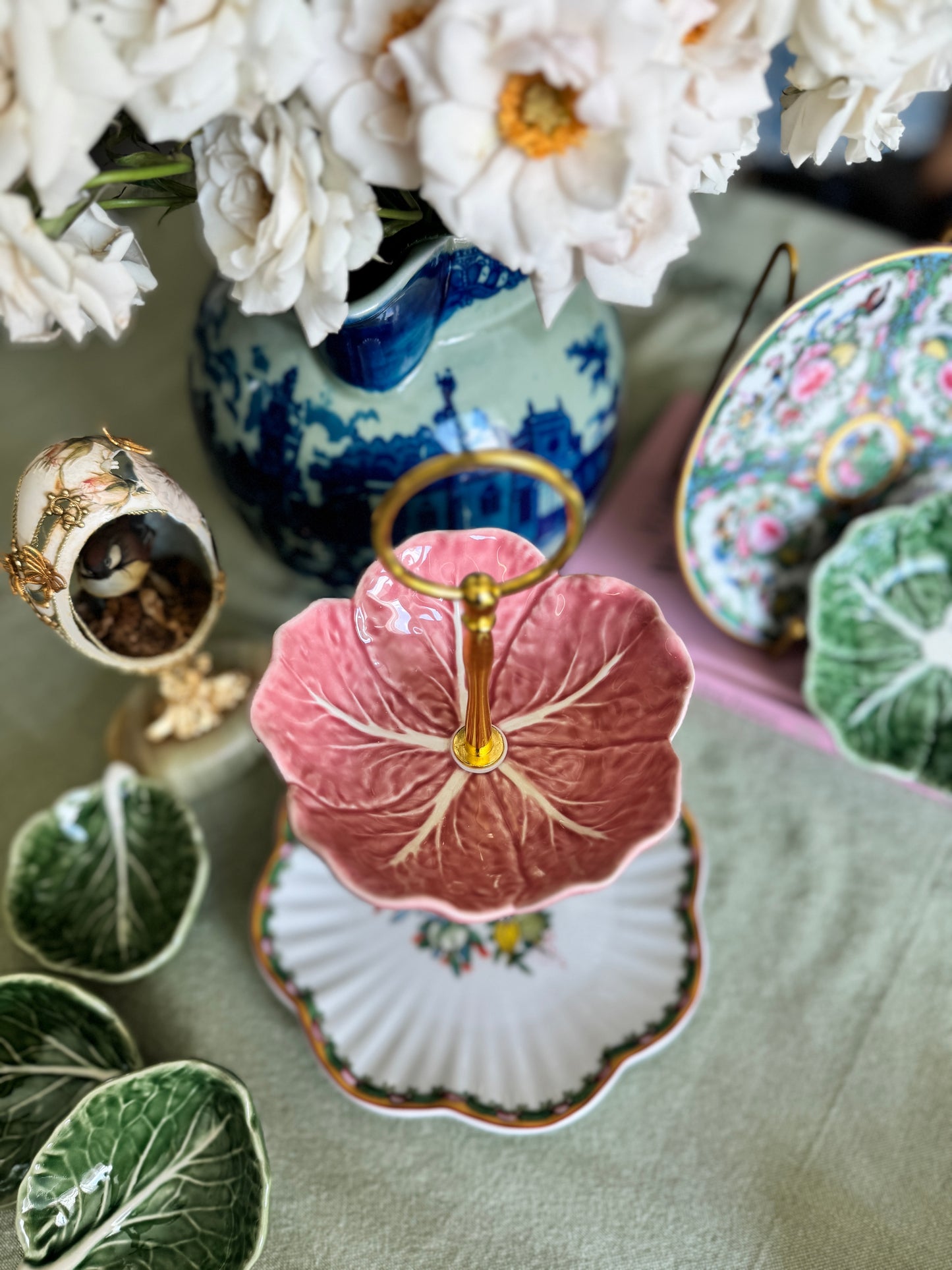 Pink Bordallo Pinheiro Cabbage and Famile Rose Petite Tiered stand