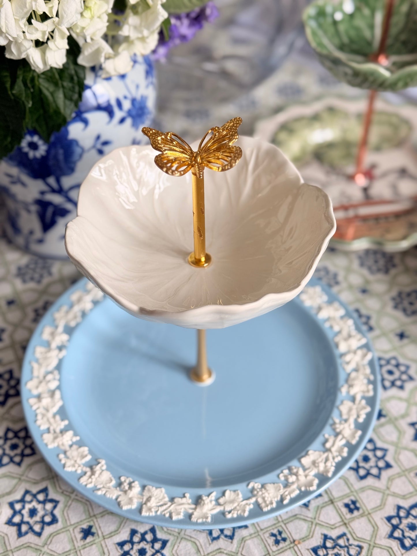 Wedgwood Queensware and Beige Bordallo Cabbage Two Tiered Stand