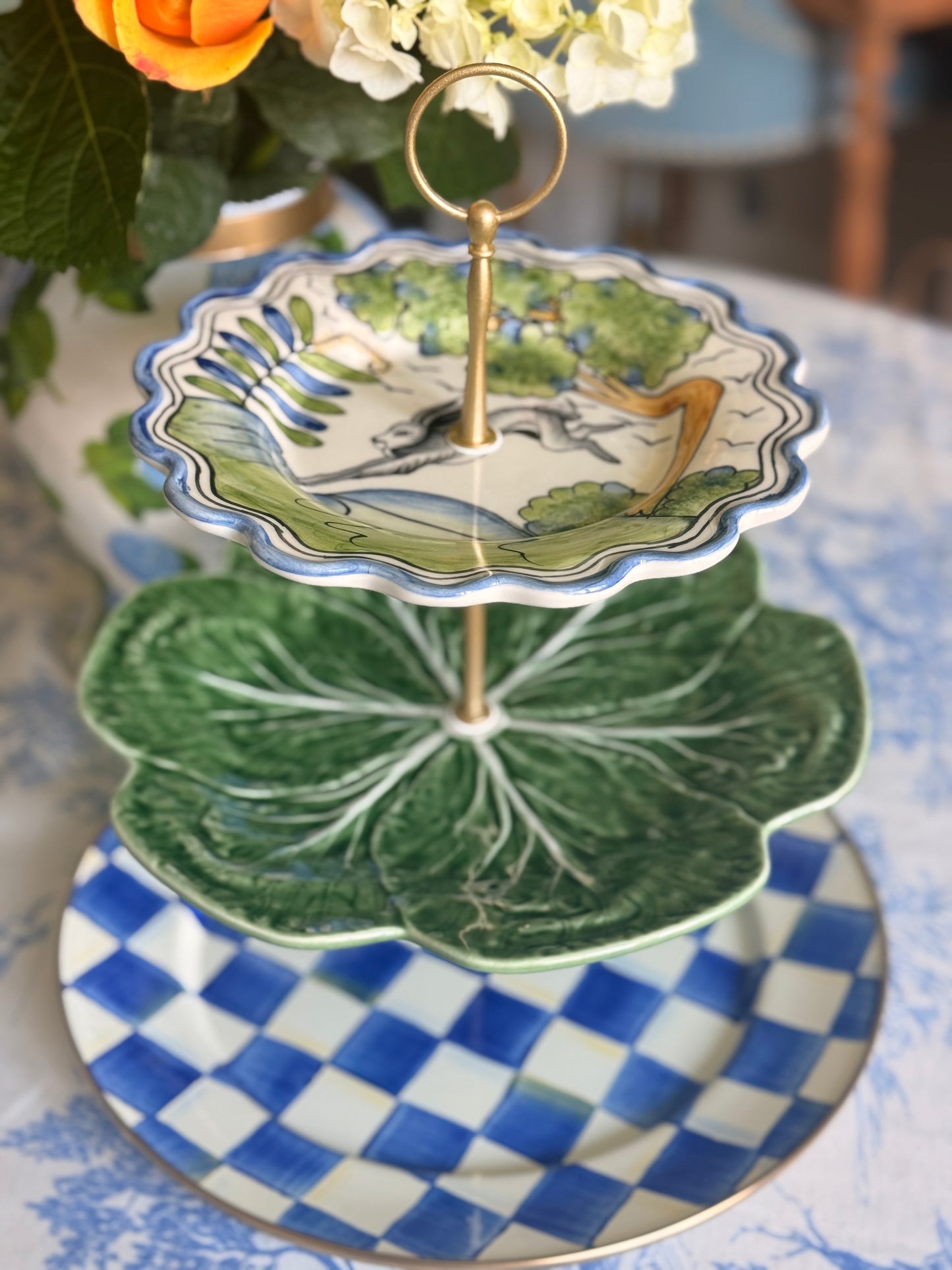 Le Lapin, Bordallo Cabbage and Mackenzie Childs Blue Check Three Tiered Stand (13” base)