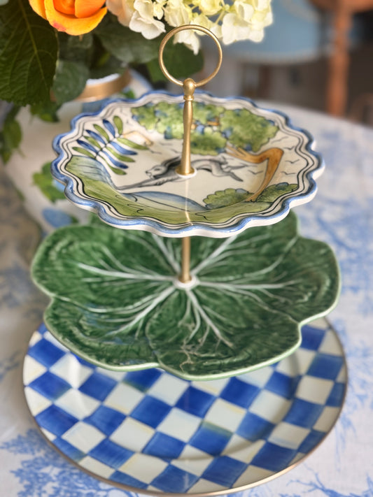 Le Lapin, Bordallo Cabbage and Mackenzie Childs Blue Check Three Tiered Stand (13” base)