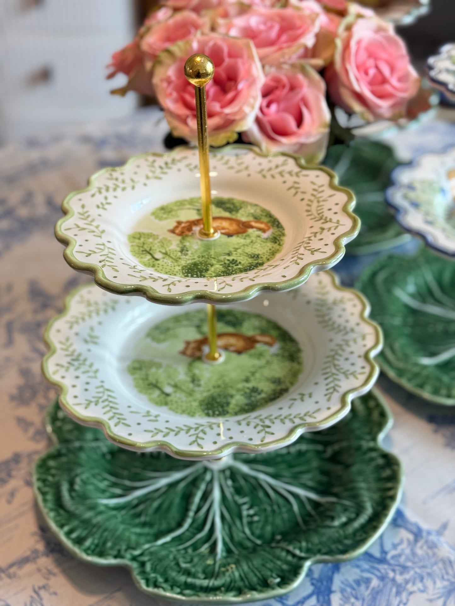 CE Corey Fox and Bordallo Green Cabbage Three Tiered Stand