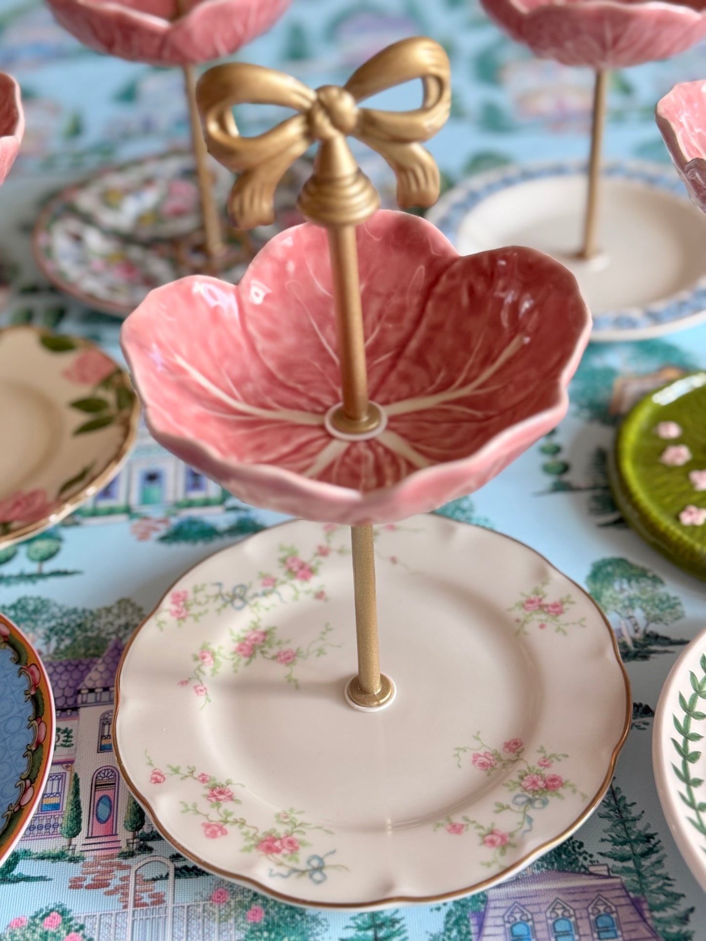 Bordallo Pink Cabbage and Theodore Haviland (Vintage) Petite Tiered Stand