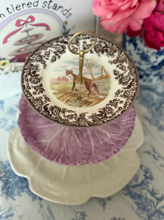 Spode Woodland Fox, Lilac Cabbage and Bordallo Beige Three Tiered Stand