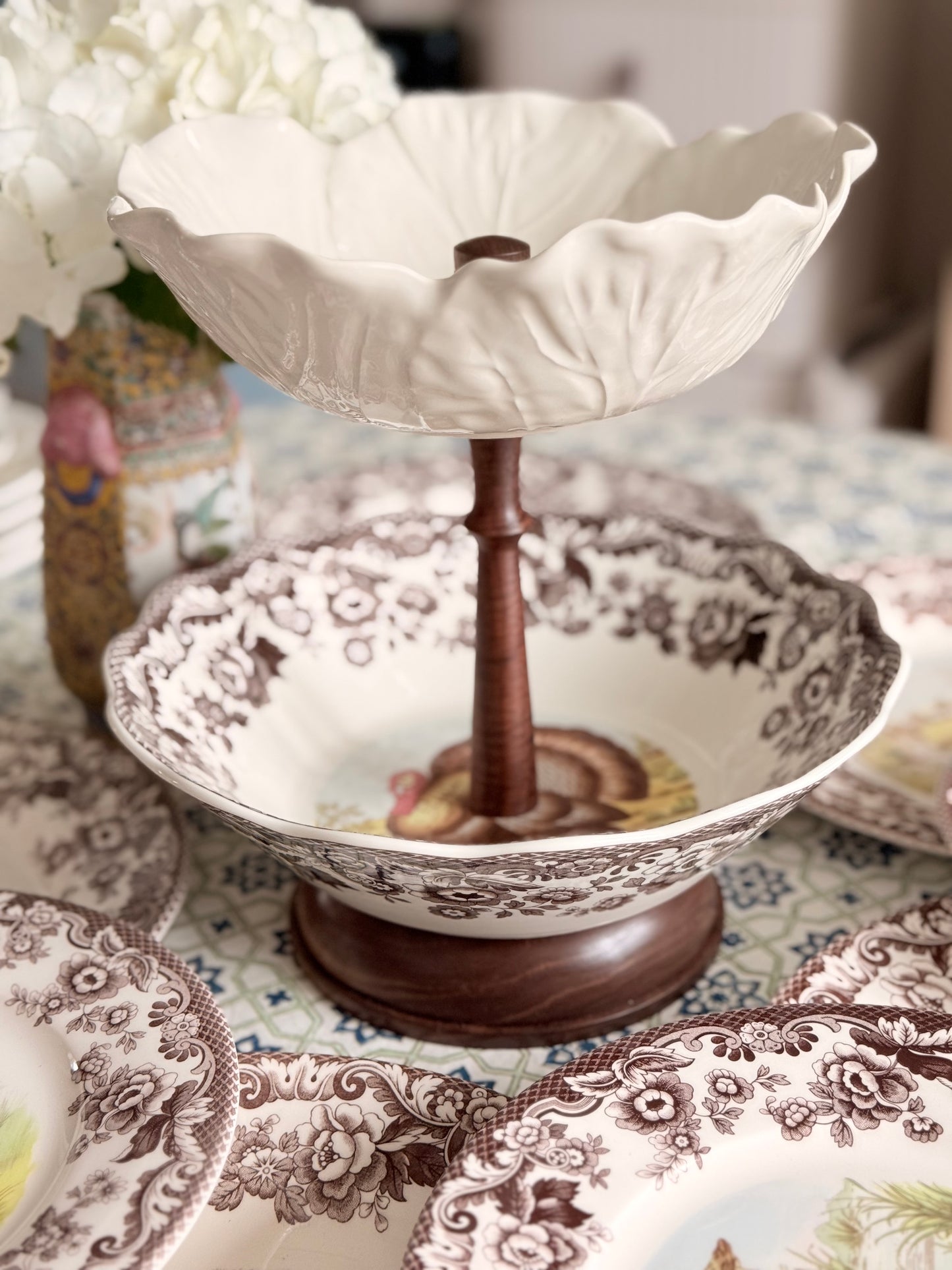Spode Woodland Turkey and Bordallo Cabbage Collector Tiered Stand with Hand Carved Wood Base