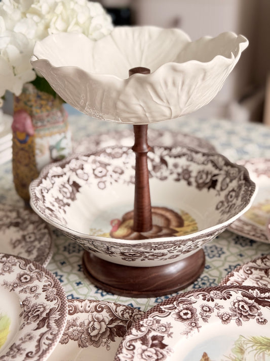 Spode Woodland Turkey and Bordallo Cabbage Collector Tiered Stand with Hand Carved Wood Base