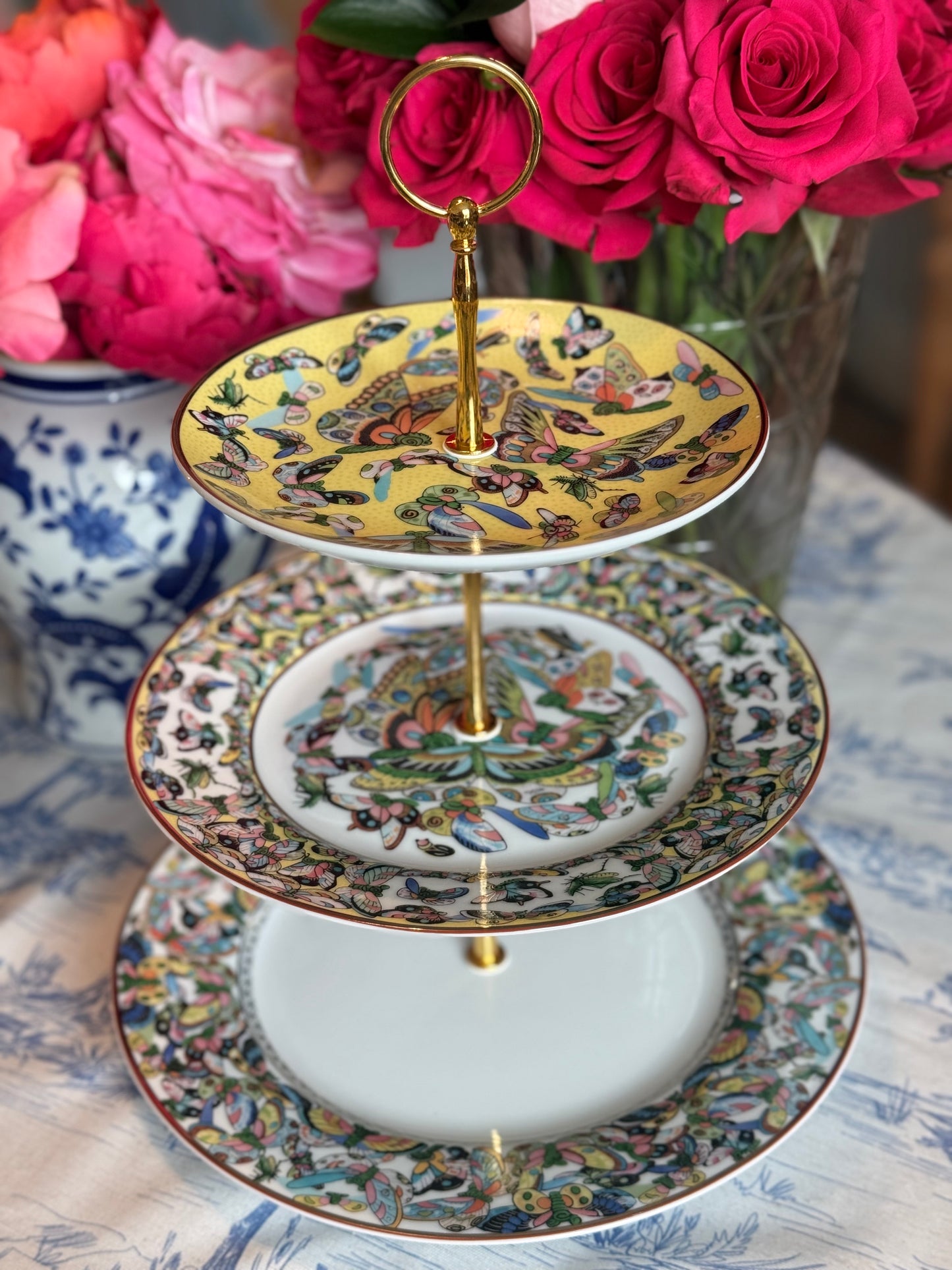 Williams Sonoma Papillon Three-Tiered Stand Inspired by Chinese Export “Thousand Butterflies” Porcelain- Yellow