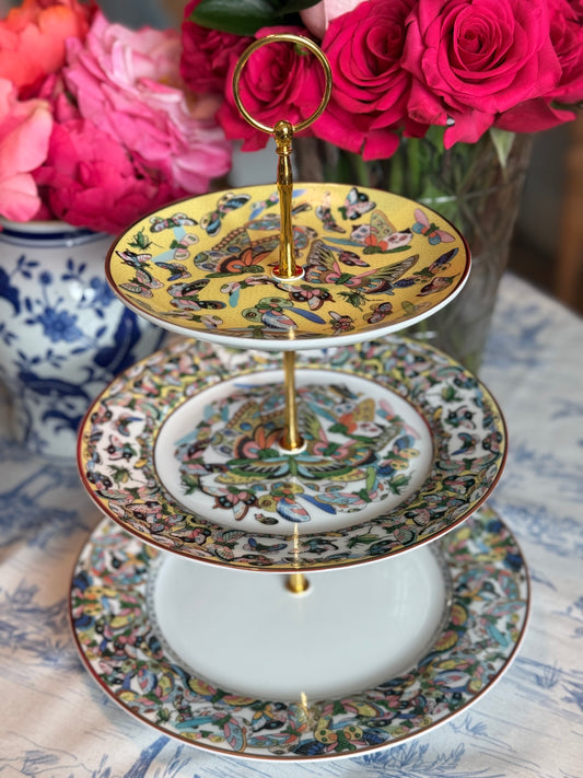 Williams Sonoma Papillon Three-Tiered Stand Inspired by Chinese Export “Thousand Butterflies” Porcelain- Yellow