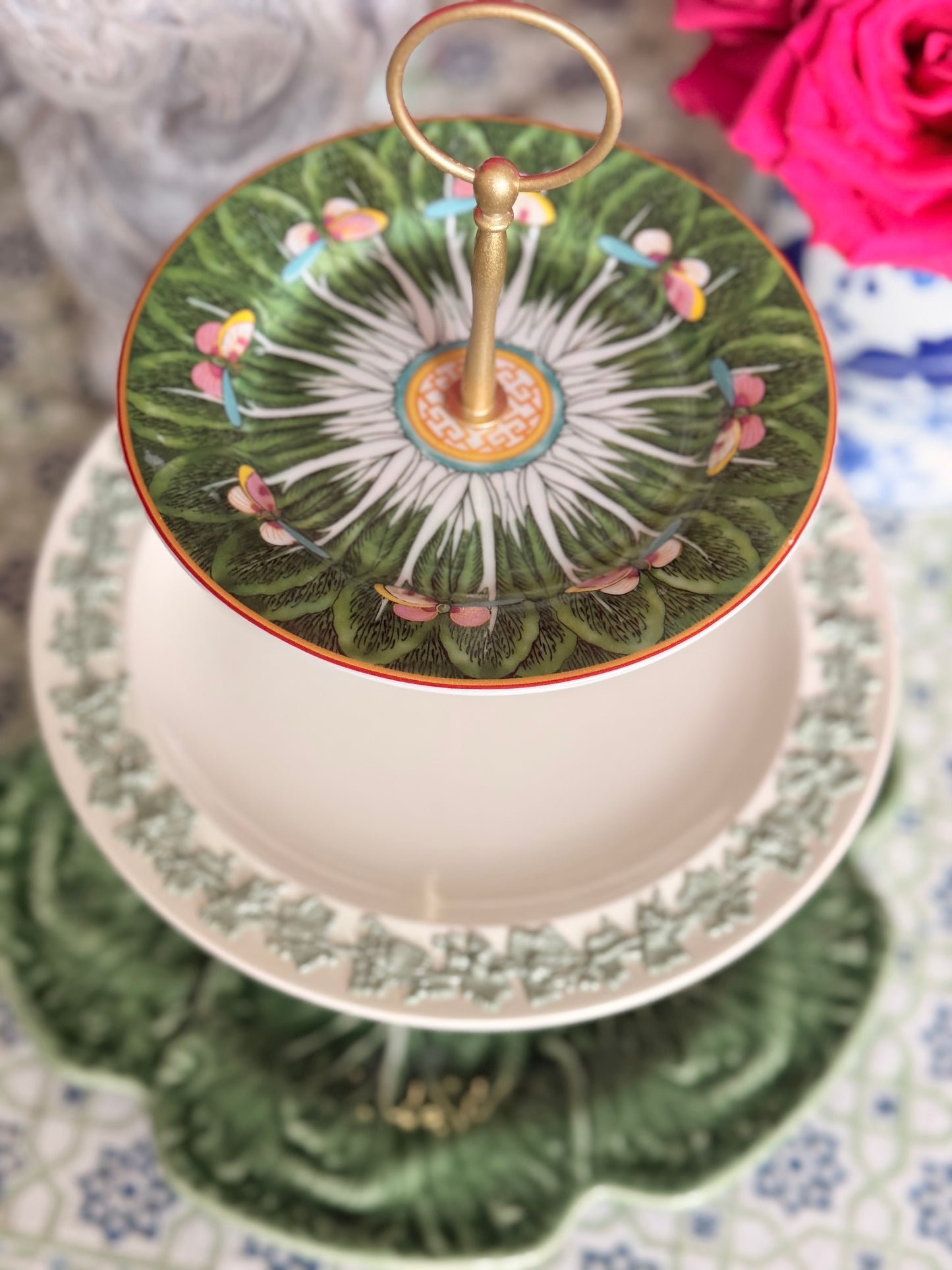 Green Bok Choy, Wedgwood Queensware and Bordallo Cabbage Three Tiered Stand (12” base)
