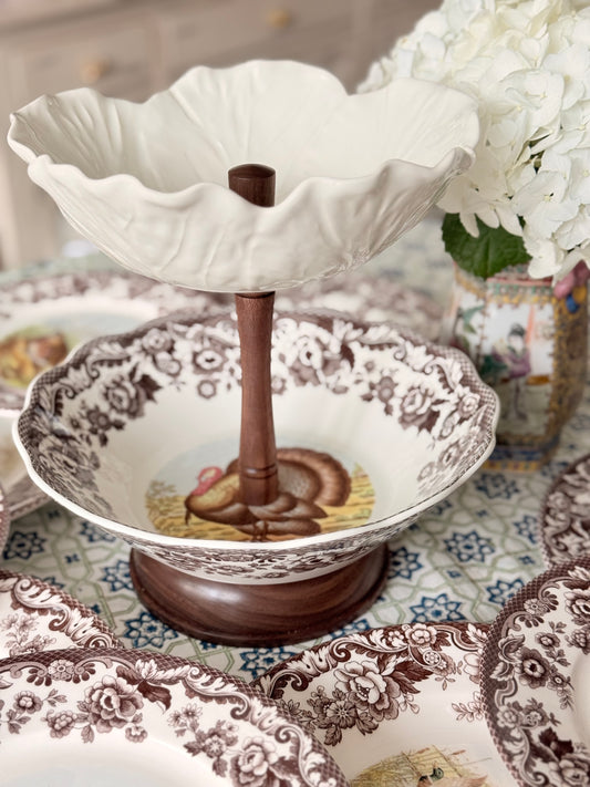 Spode Woodland Turkey and Bordallo Cabbage Collector Tiered Stand with Hand Carved Wood Base